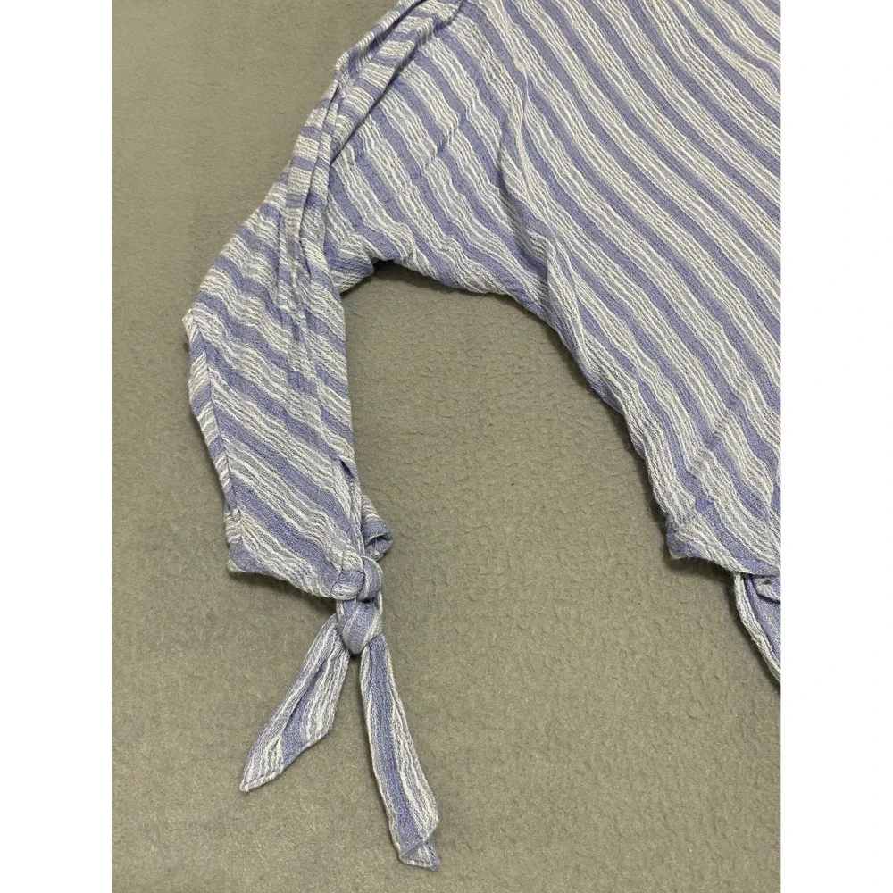 Free People Women's L Blue White‎ Striped V-Neck Blouse Tie Sleeve Pocket